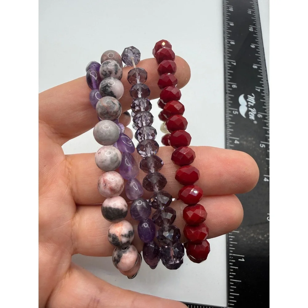 Set of 4 Beaded Stretch Bracelets Purple Pink Red‎ Jasper Crystal Heart Charm
